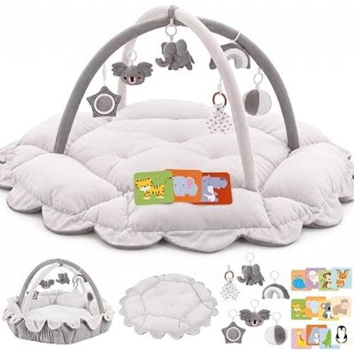 5-in-1 Plush Baby Play Gym, Activity Mat with Convertible Gym, Baby Gym 6 Sensory Toys, Play Center for Newborn to Toddler, Grey