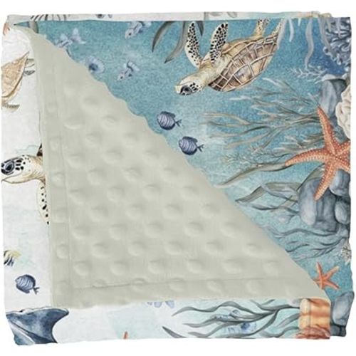 Vintage Sea Baby Blankets for Girl Boy Boho Whale Shark Turtle Fishes Coral Seaweed Soft Mink Dotted Backing Double Layer Swaddle Blanket Ocean Marine Coastal Bed Throws for Toddler Nursery 30x40