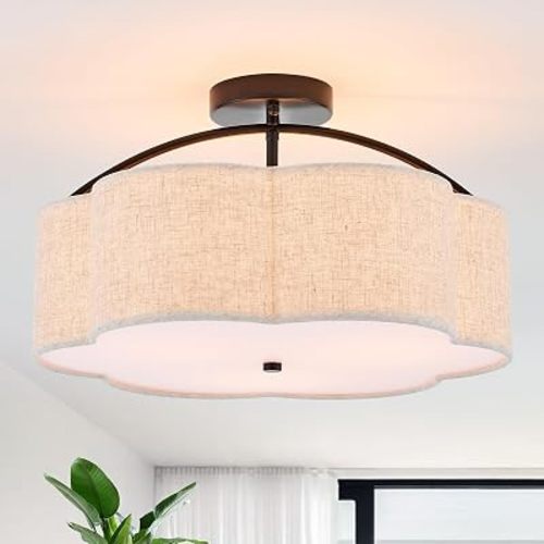 18" Large Semi Flush Mount Ceiling Light, 3-Light Linen Shade