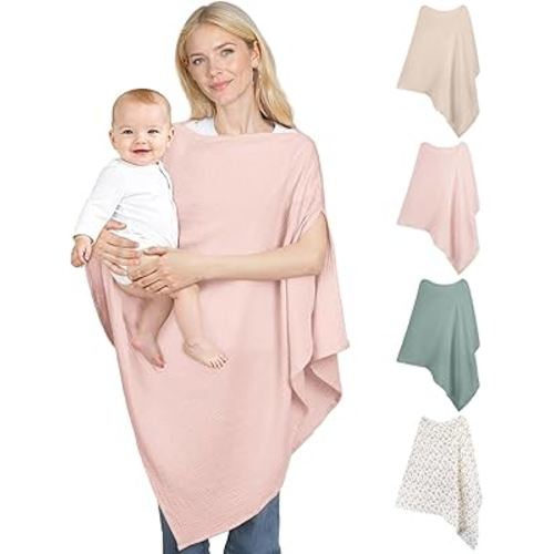Muslin Nursing Cover Up for Breastfeeding, Soft & Breathable Cotton Breast Feeding Cover for Women, Full Privacy Breastfeeding Cover - Newborn Baby Essential, Pink
