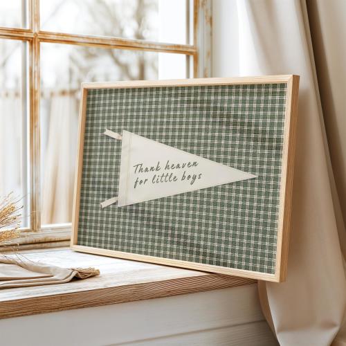 Thank Heaven for Little Boys Print, Boy Nursery Wall Art, Vintage Quote Poster, Sage Green Gingham Decor, Neutral Arts, Digital Download