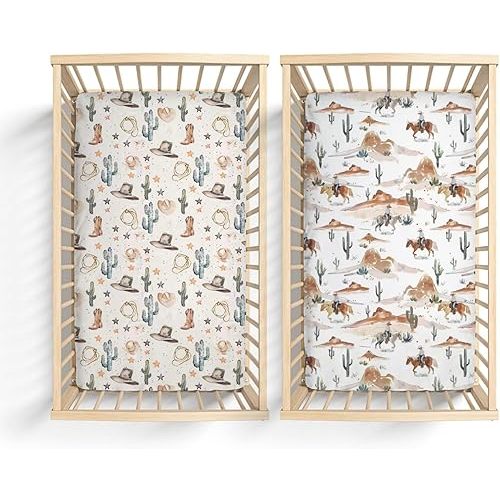 2 Pack Western Cactus Horses Hats Mountains Pattern Baby Sheets for Crib, Unisex Western Nursery Fitted Bed Sheet for Boys Girls Standard Crib and Toddler Mattress-28x52