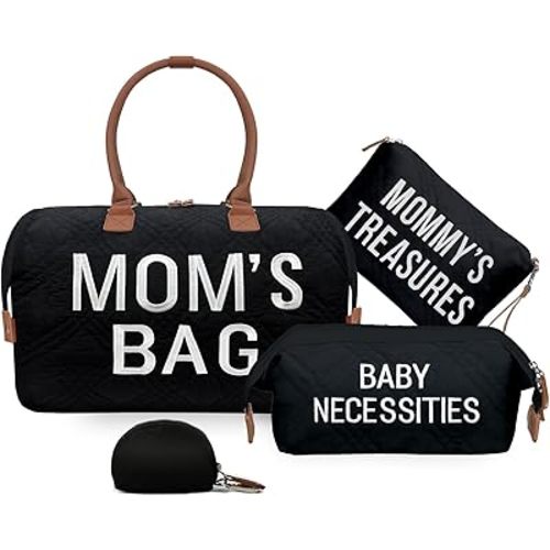 printe Mommy Diaper Bag Tote with 2 Organizers, Large Mom‘s Bag for Hospital & Travel Baby Diaper for Baby Care (Quilted Embroidery-Black)