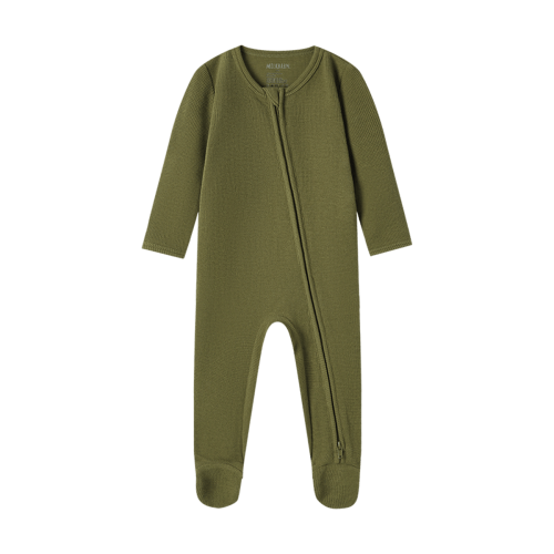 Olive Waffle Zipper Footed Romper
