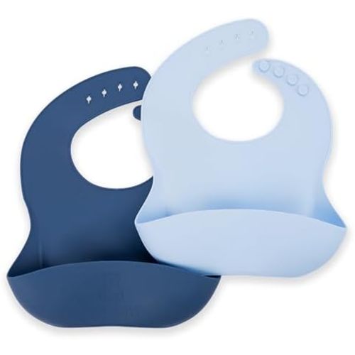 Silicone Bib 2-Pack: Safe, Non-Toxic, Food-Grade. Waterproof, Adjustable Neck Band, Easy-Clean Pouch Catcher.