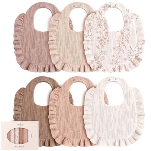 Konssy 6-Pack Muslin Baby Girl Bibs, 100% Soft Cotton Absorbent Drool Bibs | 6-Layer Adjustable Bibs with Ruffle Trim for Drooling & Teething, Baby Girl Gifts for Newborn, Infant 0-36 Months(Floral)
