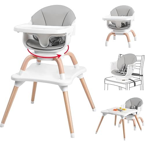 Baby High Chair, 7 in 1 Convertible High Chairs for Babies and Toddlers, Kids Learning Table, Building Block Table, Toddler Dining Chair with 360° Rotating Seat, 5-Point Safety Harness (Grey)