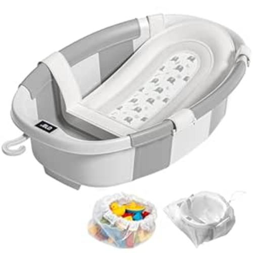 Collapsible Baby Bathtub with Soft Cushion and Thermometer, Newborn to Toddler Tub 0-36 Months with Toy Storage Mesh Bag, Portable Travel Bath for Infants (Grey)