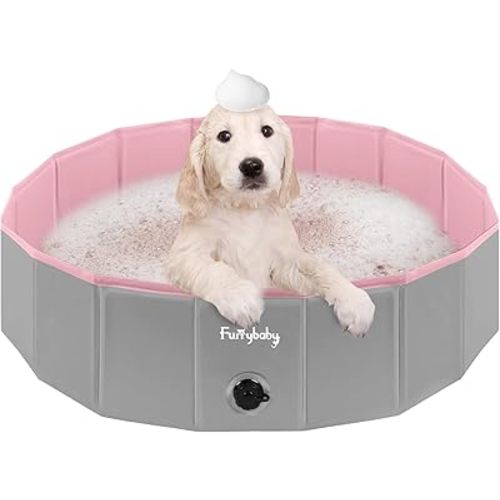 Furrybaby Dog Pool, Kiddie Pool Hard Plastic, Collapsible Pet Bath Foldable Swimming Pet Pool Portable Pink 32''
