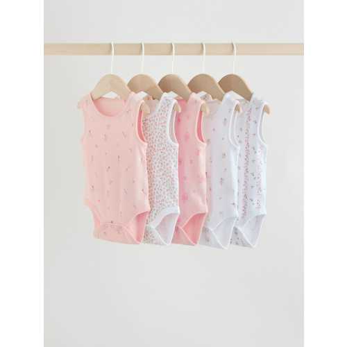 White/Pink 5 Pack Vest Baby Bodysuits