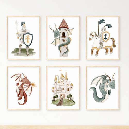 Boy Nursery Dragon Prints, Set of 6, Boys Room Decor, Dragon Knight Castle Wall Art, Printable Dragon Nursery Watercolor, Baby Boy Dragons