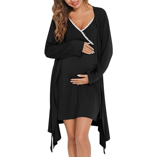 SWOMOG Womens Maternity Robe 2 Piece Nursing Nightgown for Breastfeeding 3 in 1 Labor Delivery Nursing Dress Lace Bathrobe