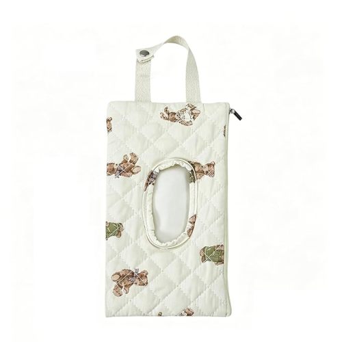 Quilted Baby Wipe Holder Quilted Wipe Pouch Portable Hanging Floral Wet Wipes Bag for Car, Stroller (Bear 3)