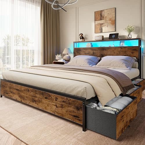 Forestell Queen Bed Frame with 2-Tier Storage Headboard & 6 Drawers
