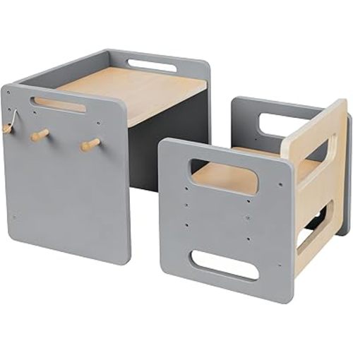 Montessori Weaning Table and Chair Set - Adjustable Design for Toddlers, Ideal for Mealtime, Learning, and Play, Grey