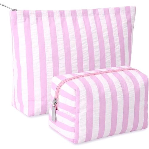 2 Pcs Makeup Bag Set Cute Cosmetic Pouch for Women Seersucker Travel Toiletry Bag Preppy Small Makeup Purse Pouch Aesthetic Skincare Brushes Storage Organizer for Valentine Women(Pink Wide)