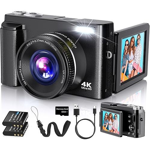 Duluvulu 4K Digital Camera for Photography Autofocus, 2026 Latest 48MP Vlogging Camera for YouTube with SD Card, 2 Batteries, 3" 180°Flip Screen Compact Travel Camera for Teens with 16X Zoom,Black