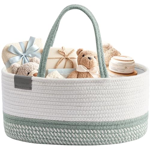 DECOMOMO Baby Caddy Organizer, Mother's Day Diaper Caddy Basket, Baby Baskets for Baby Shower (Sage Green & White, Large)