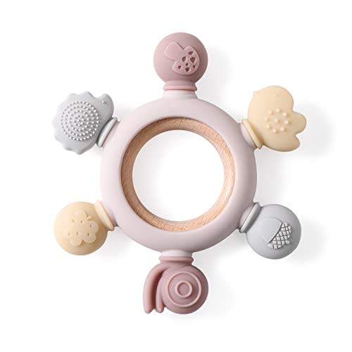Baby Teether - Infant Teething Toy - Silicone Baby Teething Toys - BPA Free Silicone Chewable Rings with Organic Featuring Multiple Textures to Soothe Gums Ages 6 Months and Up (Pink)