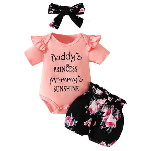 WIBACKER Newborn Baby Girl Summer Outfits Set Ruffle Short Sleeve Romper and Floral Shorts with Headband