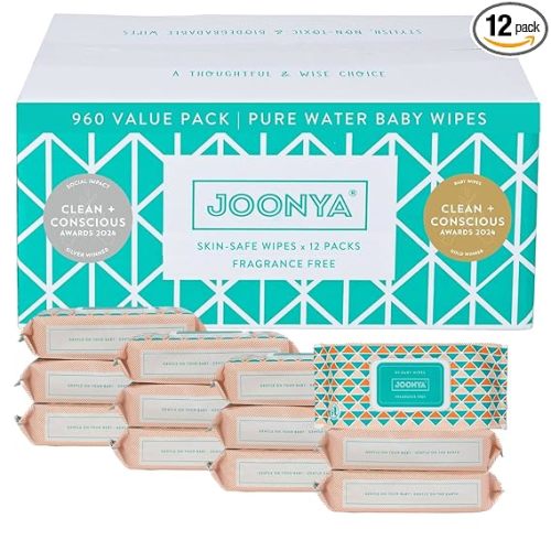 JOONYA Unscented Baby Wipes — Plant-Based, Fragrance-Free Bulk Diaper Wipes | Hypoallergenic, Non-Toxic & Biodegradable Wet Wipes for Sensitive Newborn Skin | 12 Packs of 80 (960 Total)