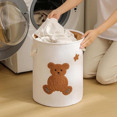 Kids Laundry Basket Nursery Hamper Baby Laundry Basket Stuffed Animal Toys Storage Baskets for Toddler Room Decor, Dirty Clothes Hampers with Drawstring Closure for Bedroom/Living Room/Nursery, Bear