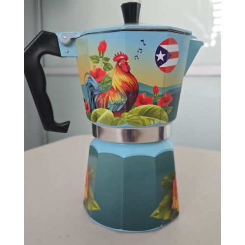 Puerto Rico Espresso Maker Moka Pot DESPIERTA BORICUA con El Gallo Greca NIB