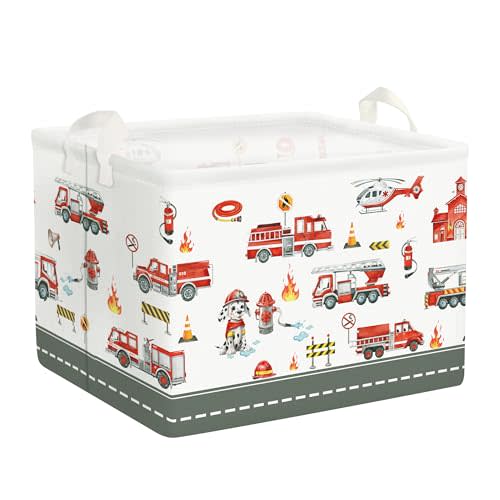 Clastyle Rectangle Large Red Fire Car Boy Gift Basket Collapsible Spotted Dog Engine Book Shelf Basket Toy Clothes Cube Storage Basket for Kids Room Nursery