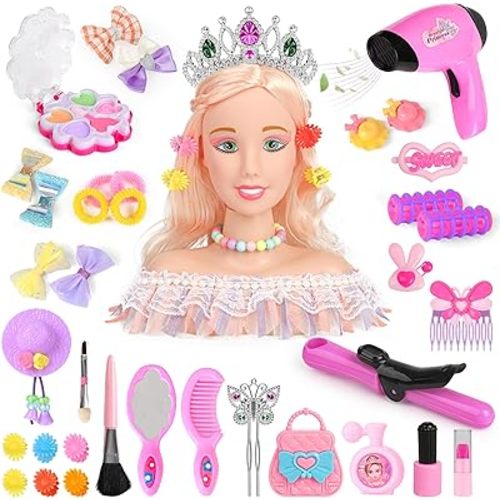 39PCS Hair Styling Doll Head Makeup Kit for Girls,Pretend Play Hair Styling Set,with Hairdryer Curling Iron Crown Hairpins Accessories Kit Birthday Gifts for 3 4 5 6+ Years Old Toy