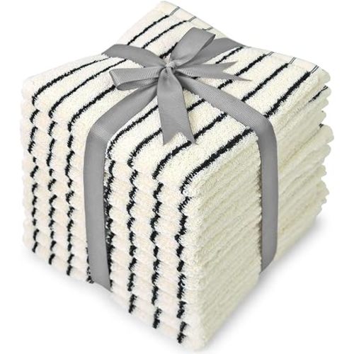 Jacquotha Striped Cotton Washcloths 12 Pack, 13” x 13” - Soft Wash Cloths for Bathroom, Kitchen, Gym, Face, Black and Cream