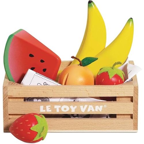 Le Toy Van - Wooden Honeybee Market Fruits '5 a Day' Crate | Fun Role Play Supermarket Pretend Play Shop Food | Great Gift for Boys Or Girls, Smoothie Fruits Crrate (TV183)