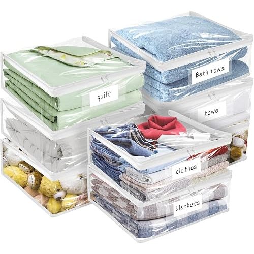 Plastic Storage Bags with Easy-Glide Zipper, Pack of 8, Durable Clear Vinyl Zippered Storage Bags for Clothes Sweaters Comforters Blankets Sheets Bedding (15.7 x 13.8 x 3.9 Inch, Transparent White)