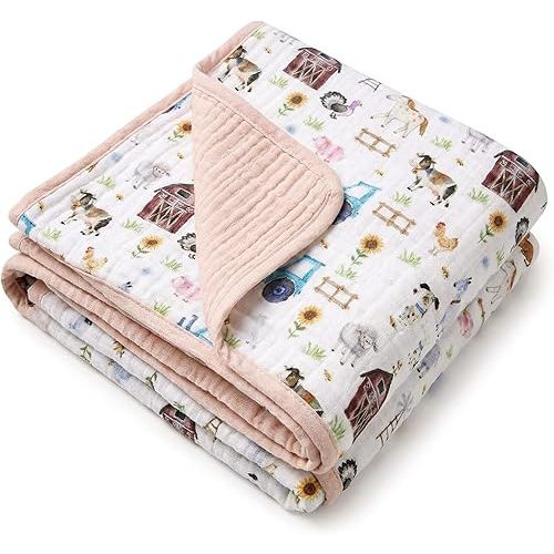 Breling White Brown Farm Animal Muslin Baby Blanket for Girl Boy 40x36 Inch