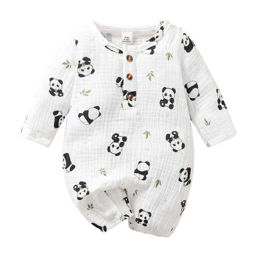KIMI BEAR Newborn Baby Boys Bodysuits 3-6 Months Round Neck Long Sleeves Romper Fall Panda Print One-piece Autumn White