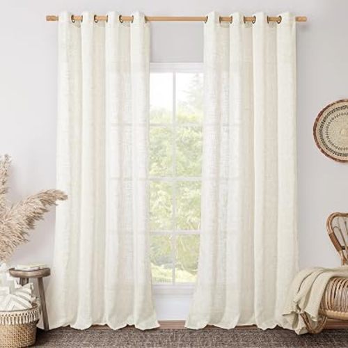 LAMIT Cream Linen Sheer Curtains 84 inch Length for Living Room 2 Panels