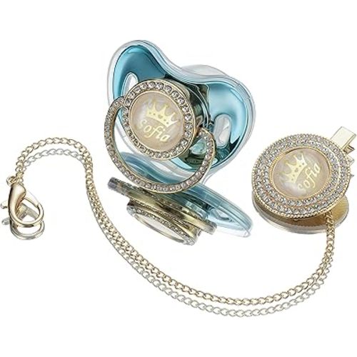 Sparkling Bling Custom Baby Pacifiers and Clips/Holder Kit with Name Personalized with Rhinestones for Boy and Girl Baby Shower (Gold Blue)