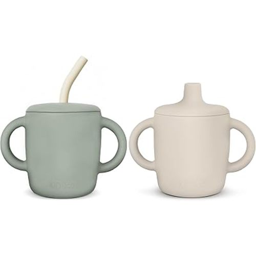 KIDSco. Silicone Sippy Cups with Easy Grip Transition Handles, a Soft Spout and Straw. A Non Toxic No Spill Unbreakable Training Cup. 5oz/150ml |Sandy Shore and Green|