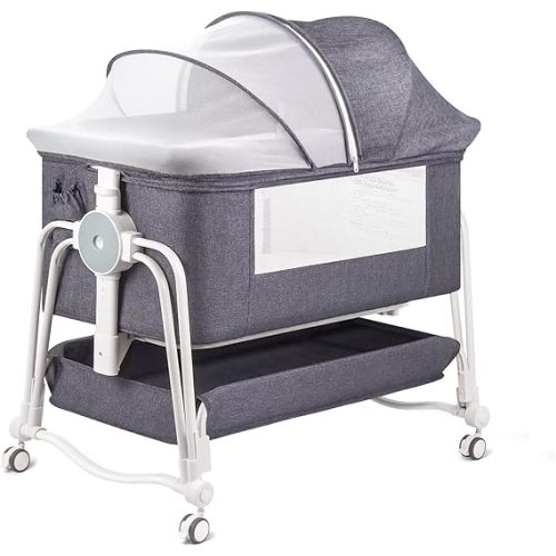 suihuooo 4 in 1 Baby Bassinet Bedside Sleeper, Rocking Baby Crib with Lockable Wheels, Storage, Mosquito Net and Matress Included, 7 Level Adjustable Bedside Bassinet for Baby Newborn(Gray)