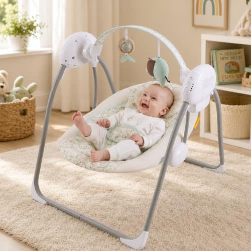 Portable Baby Swing for Infants, Compact & Foldable Infant Swing with 5-Speed Swing,Music, Timer, Cushioned Seat, Battery Operated, 0-9 Months 6-20 lbs,SG2404