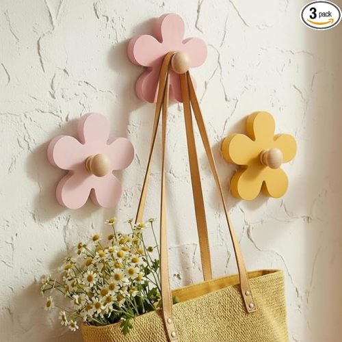 AceOrbit 3 Pcs Daisy Wall Hooks Wood Flower Towel Hooks Cute Daisy Flower Decorative Wall Mount Hangers for Bathroom Kitchen Bedroom Home Decor Entryway Robe Towel Clothes Hats(Yellow, Pink, Purple)