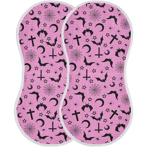 Muslin Burp Cloths for Baby Boys and Girls - 2-Pack Ultra Absorbent Bats Crosses Stars Gothic Muslin Washcloths, Newborn Towel, Milk Spit Up Rags, Burp Cloth Bib for Unisex, 22 x 11 Inch