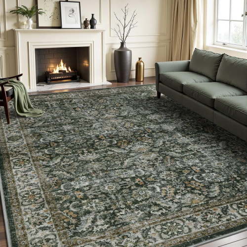 SIXHOME 8'x10' Area Rug Washable Retro Living Room Bedroom Carpet Soft Floral Distressed Indoor Rug Dark Green