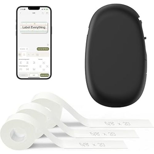 SUPVAN E10 Bluetooth Label Maker Machine with 3 Tapes, Continuous Waterproof Label, Versatile App with 35 Fonts and 1k+ Icons, Inkless Labeler for Home, Kitchen, School, Office Organization, Black