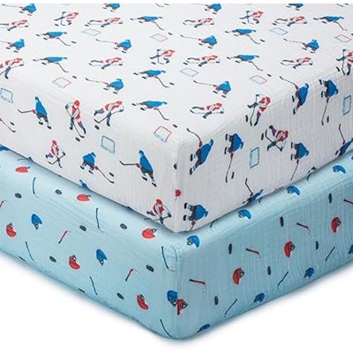 LollyBanks Muslin Crib Sheets 2 Pack, 100% Cotton Soft and Breathable Crib Fitted Sheet for Standard 52"x28" Mattress, Cozy and Snug Baby Bed Sheets, Baby Boy Essentials (Ice Hockey and Hat Print)