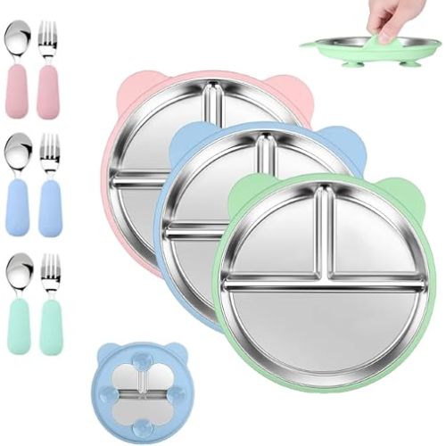 6 Pcs Stainless Steel Toddler Plates with Spoons & Forks, Silicone Suction Baby Plates, Stainless Steel Kids Plates, Baby Feeding Set