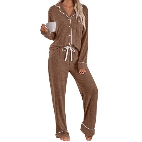 LILLUSORY Women's Long Sleeve Pajama Set - Soft Button-Down Top & Comfortable Drawstring Pants with Pockets