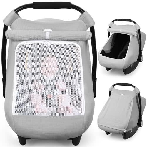 Rquite Baby Car Seat Cover, Muslin Infant Carseat Canopy with Mesh Window | Soft Breathable Muslin, 3-Mode Mesh Window, Stroller Sun Shade Windproof Covers for Spring, Summer & Warm Weather, Grey