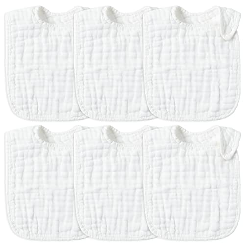 Zainpe 6Pcs Snap Muslin Cotton Baby Bibs White Adjustable Drool Bib with 6 Absorbent Soft Layers, Machine Washable Unisex Burp Cloths for 3 to 36 Months Boys Girls Infant Newborn Toddler