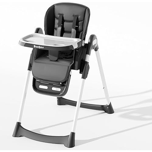 High Chair, Foldable High Chairs for Babies and Toddlers with Removable Tray, Height Adjustable Feeding Chair, Adjustable Backrest and Footrest, Black