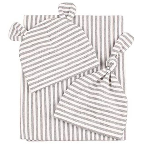 Striped Baby Swaddle Blanket Hat Set Cotton Newborn Swaddles Unisex Large 43” ×43” with Newborn Baby Hospital Hats… (Gray Striped)